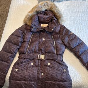 Michael Kors Dark Brown Puffer Jacket with Fur Trim